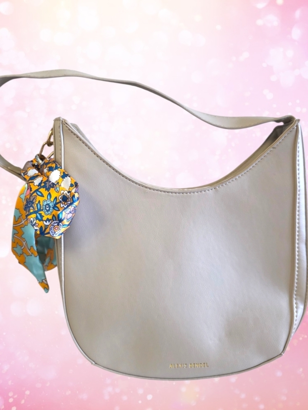 Alexis Bendel Beige Hobo Shoulder Bag Minimalist Neutral Leather Style w Twilly